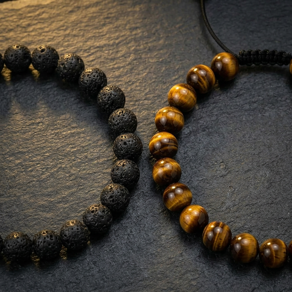 Close-up of the lava stone and tiger eye beads on the men's adjustable beaded bracelet set