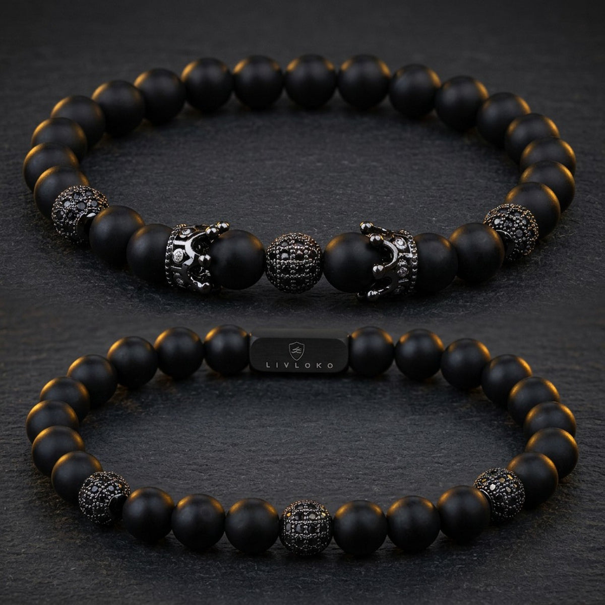 Men's black agate beaded bracelet with crown, set of two stretch fit bracelets by LIVLOKO London