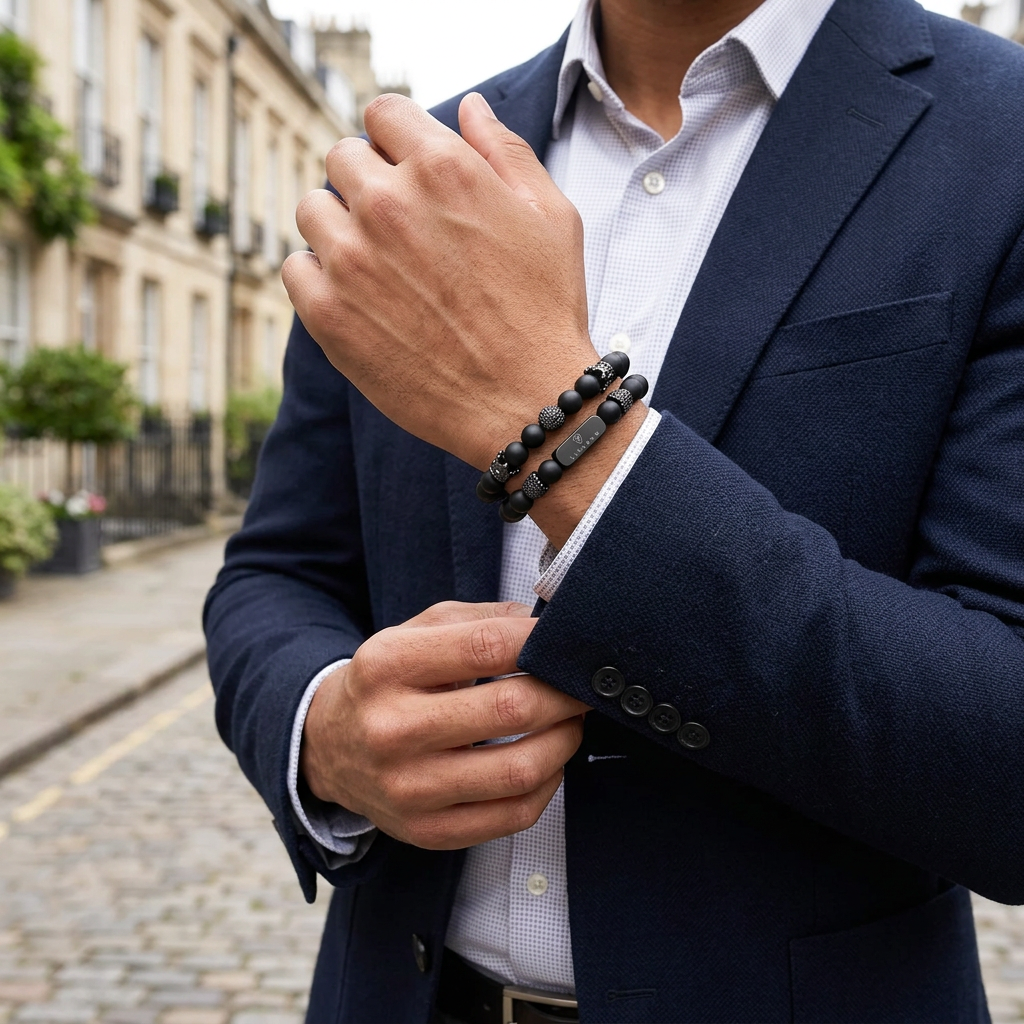 Man wearing the men's black agate beaded bracelets with crown charm with a navy jacket in London