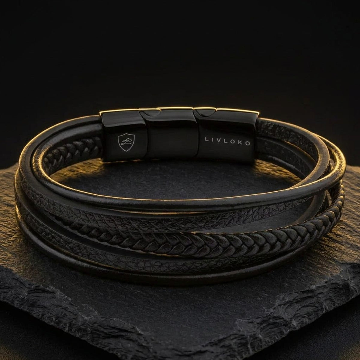 Men's black braided leather bracelet with magnetic stainless steel clasp by LIVLOKO London