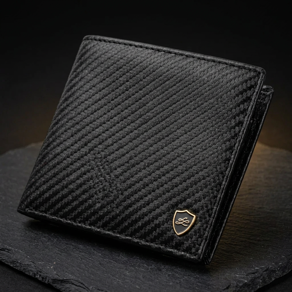 Close-up of the LIVLOKO London black carbon fibre wallet showing the weave, stitching and shield badge
