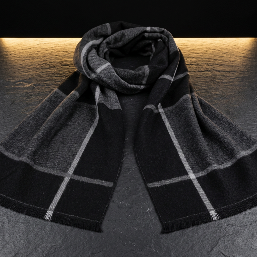 Men's black and grey checked wool scarf, 180 × 30 cm, draped on dark slate by Livloko London