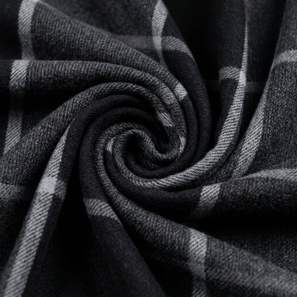 Close-up of the woven wool fabric of the men's black and grey checked scarf