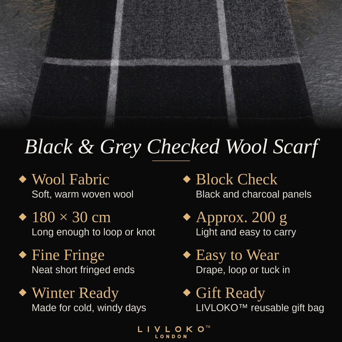 Key features of the men's black and grey checked wool scarf: wool fabric, 180 × 30 cm, approx. 200 g, gift bag