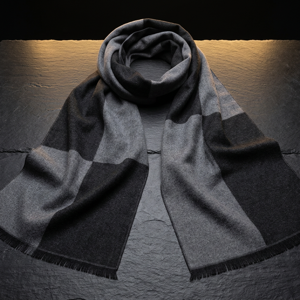 LIVLOKO London men's black and grey large check wool scarf on dark slate