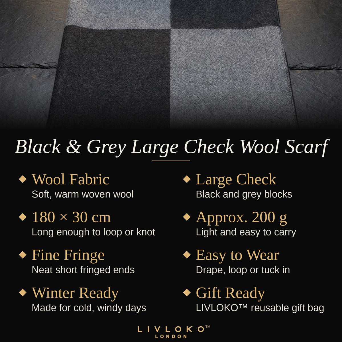 Key features of the LIVLOKO London men's black and grey large check wool scarf, 180 x 30 cm