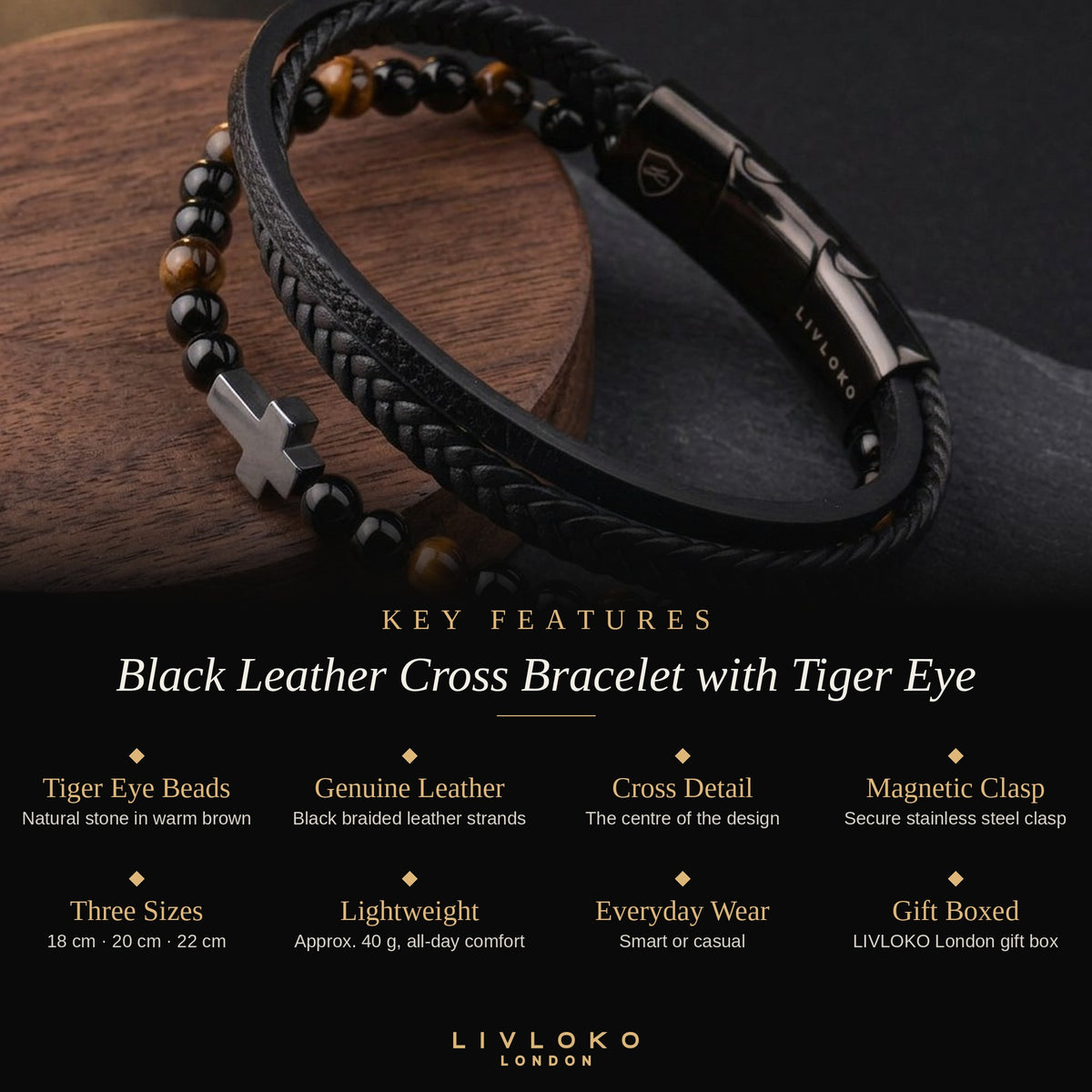 Key features of the men's leather cross bracelet with tiger eye: genuine leather, magnetic clasp bracelet, 18cm 20cm 22cm, gift boxed