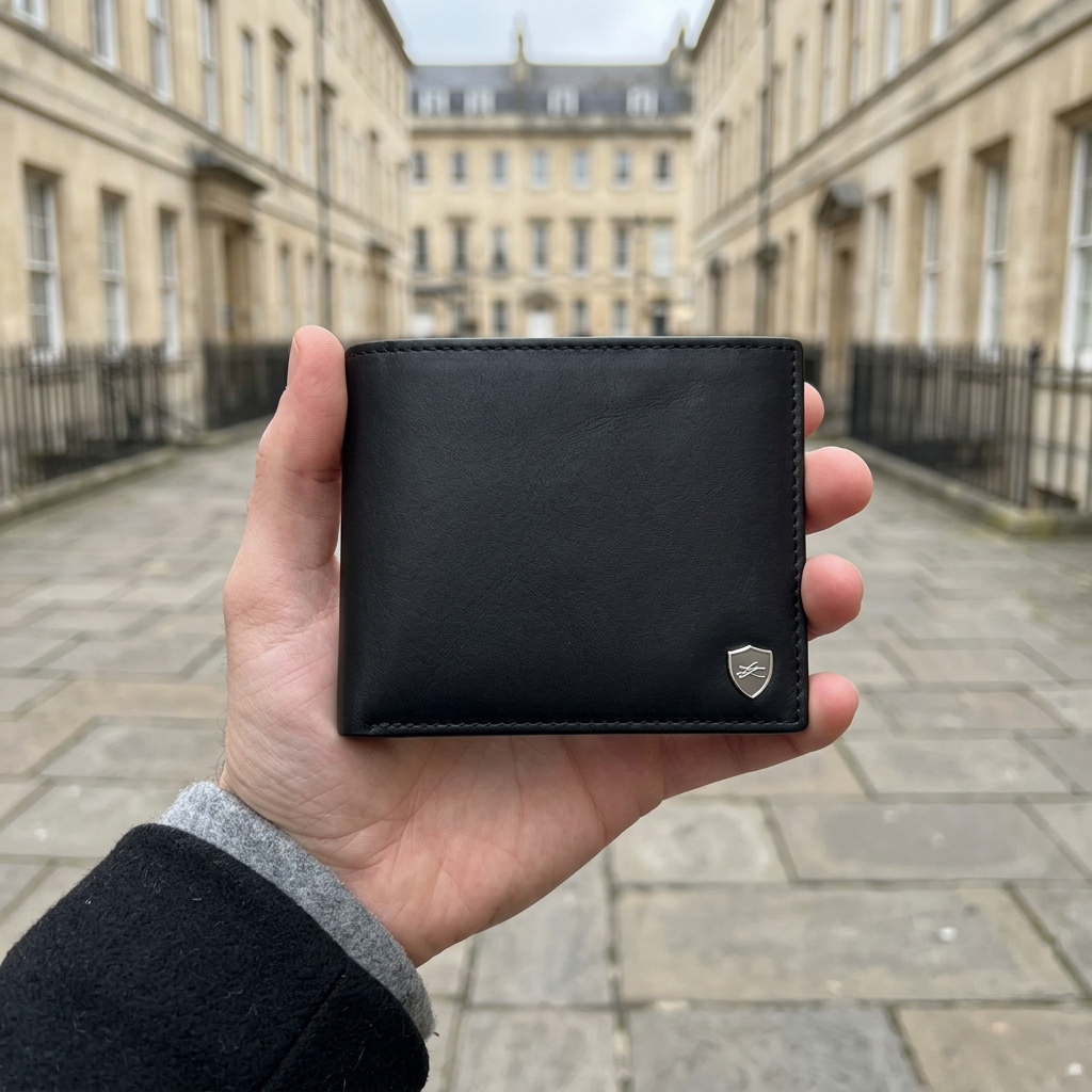 Man holding the LIVLOKO London black genuine leather billfold wallet, London