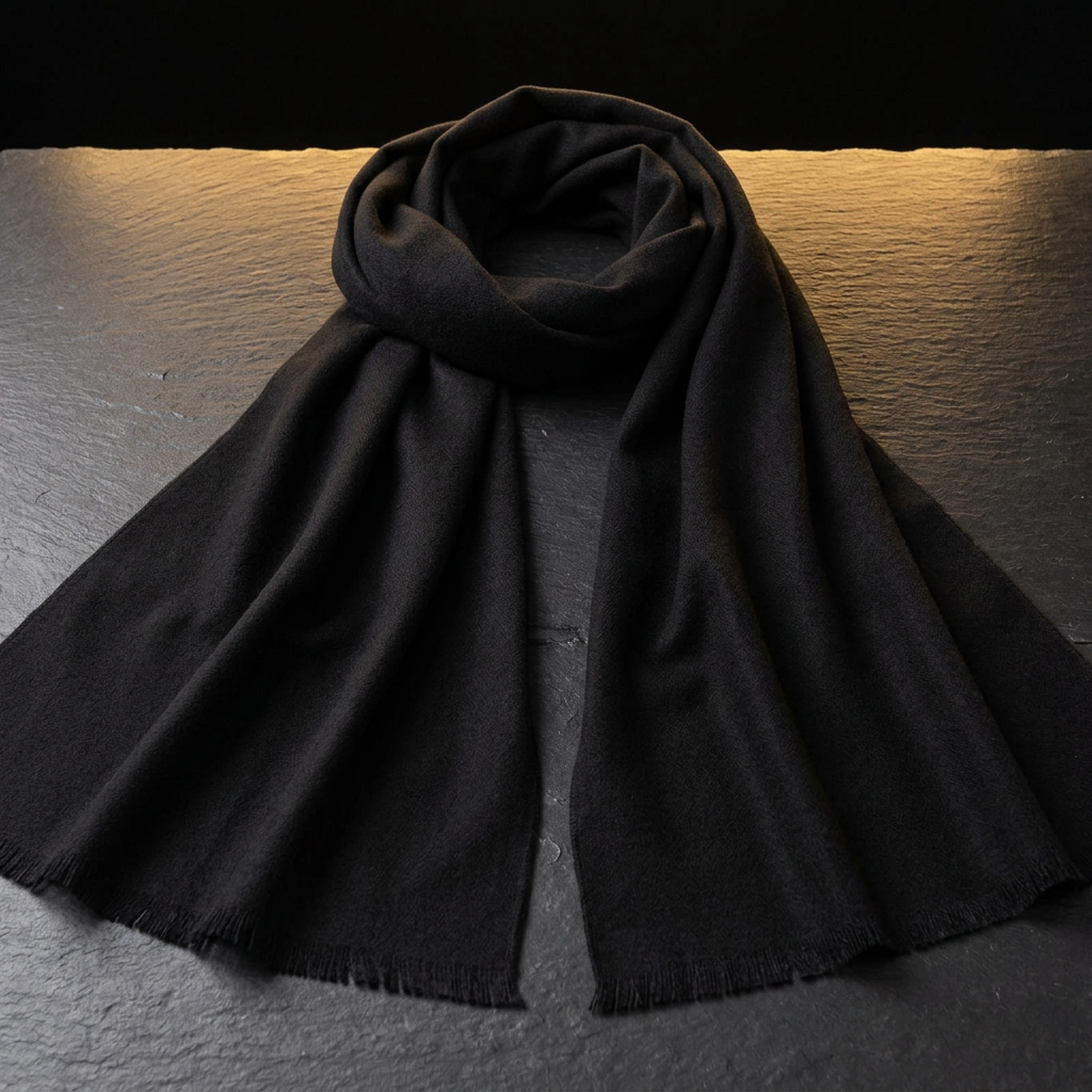 LIVLOKO London men's deep black wool scarf on dark slate