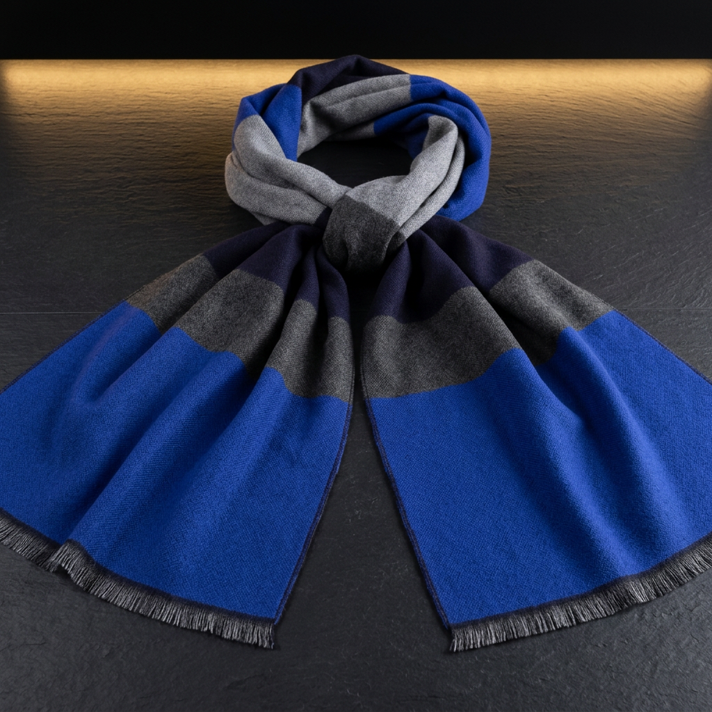 LIVLOKO London men's blue, navy and grey striped wool scarf on dark slate