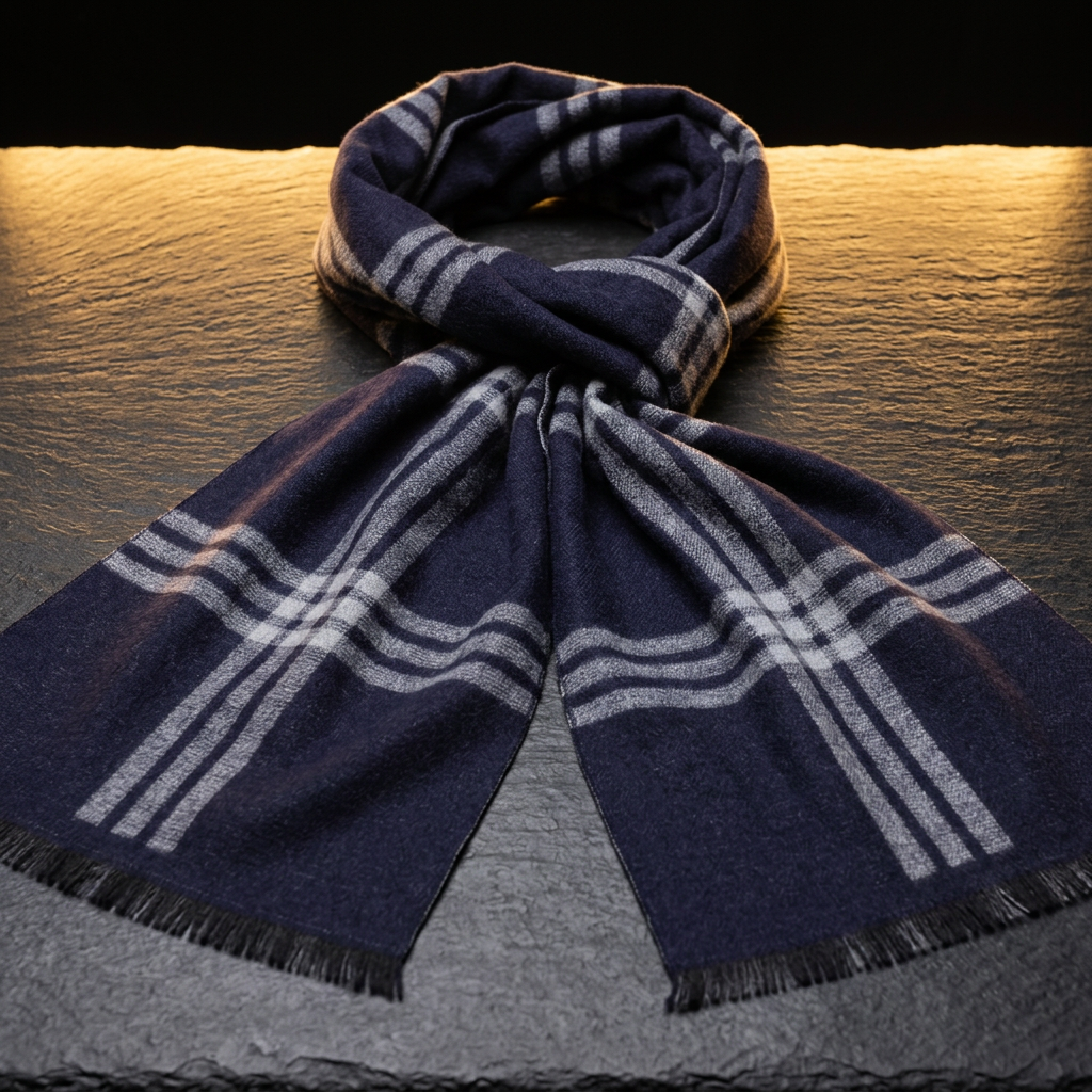 Men's blue and grey tartan wool scarf, 180 × 30 cm, draped on dark slate by Livloko London