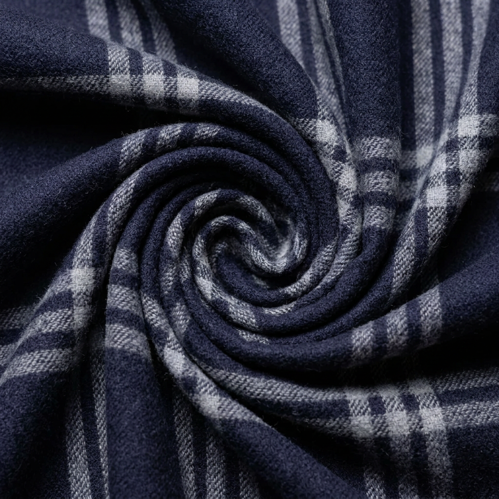 Close-up of the woven wool fabric of the men's blue and grey tartan scarf