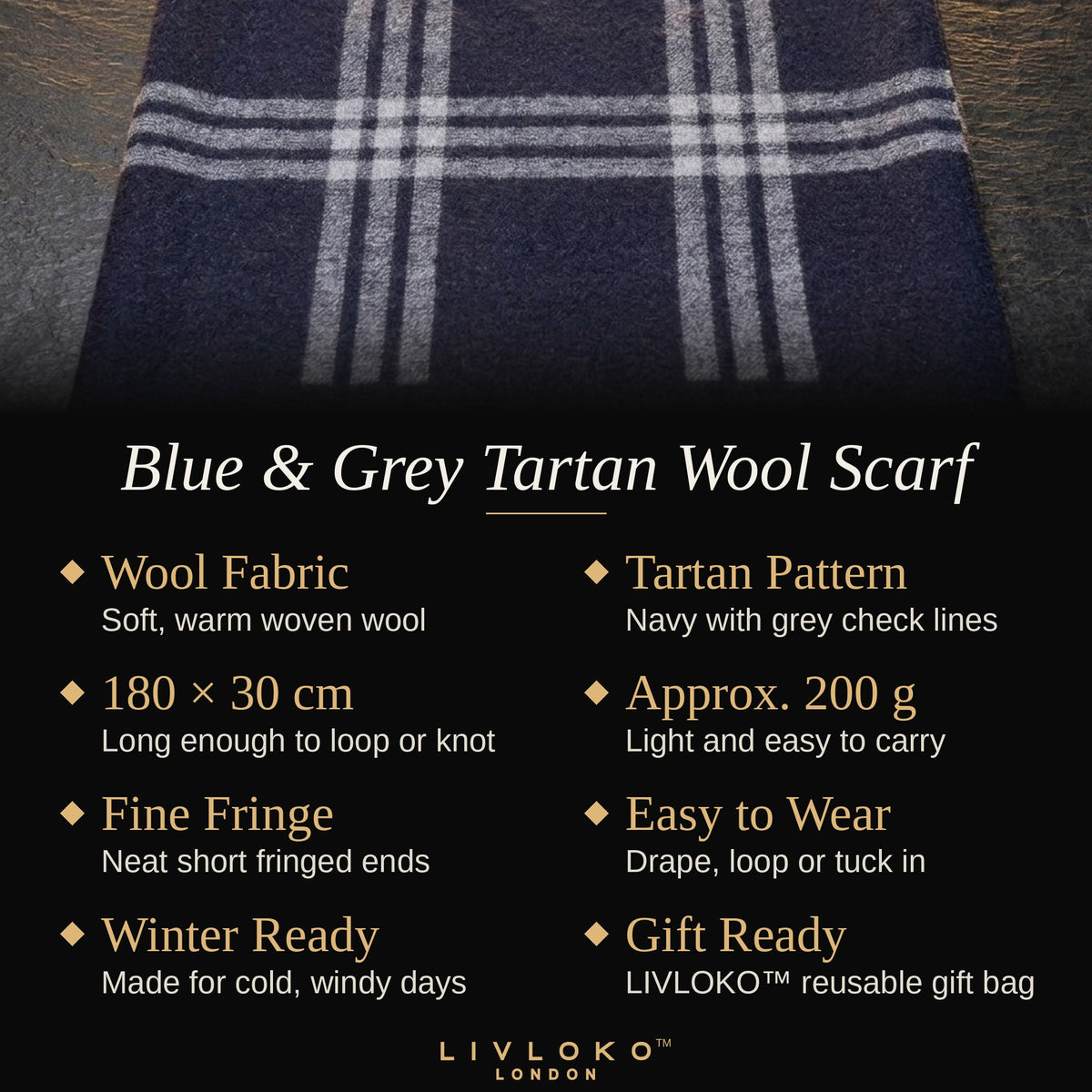 Key features of the men's blue and grey tartan wool scarf: wool fabric, 180 × 30 cm, approx. 200 g, gift bag