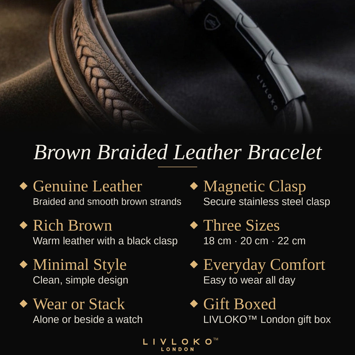 Key features of the men's brown braided leather bracelet: genuine leather, magnetic clasp, 18cm 20cm 22cm, gift boxed