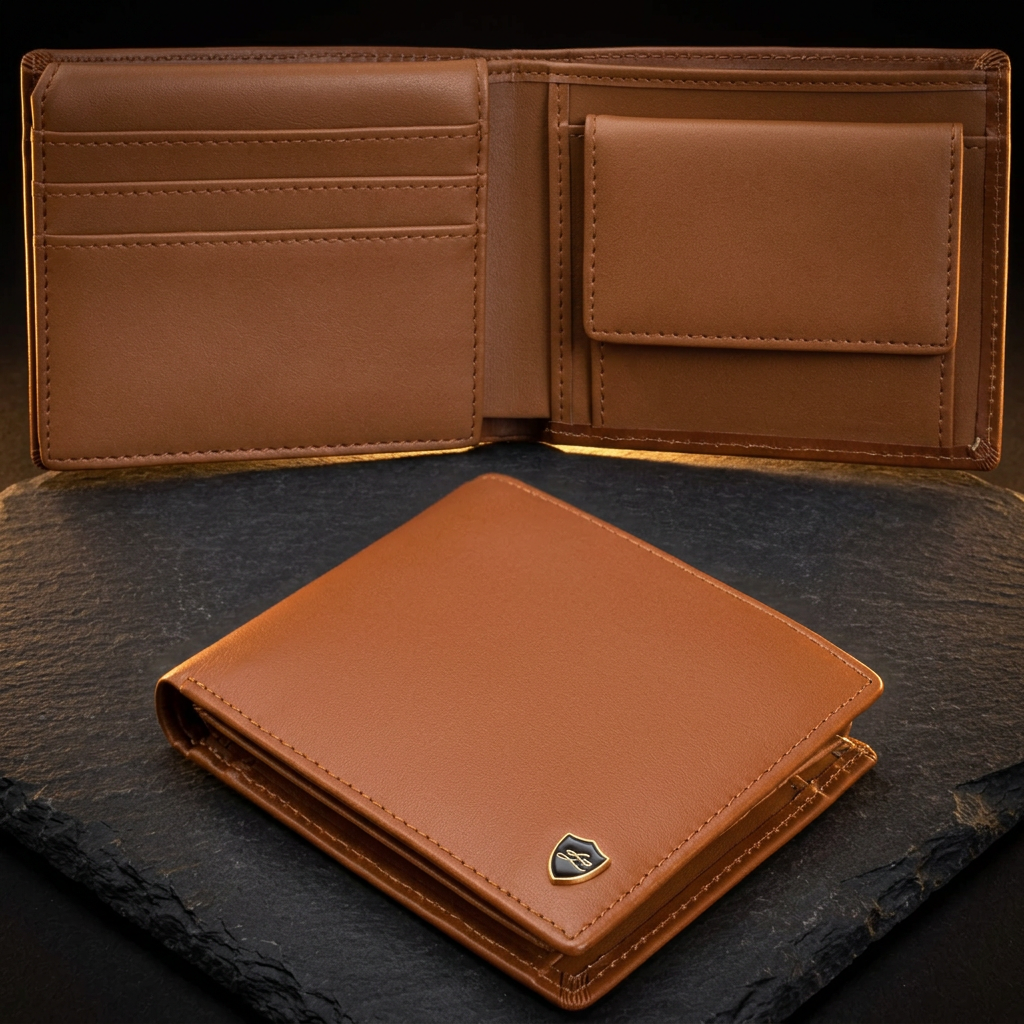 LIVLOKO London men's brown leather RFID wallet, shown open and closed on dark slate