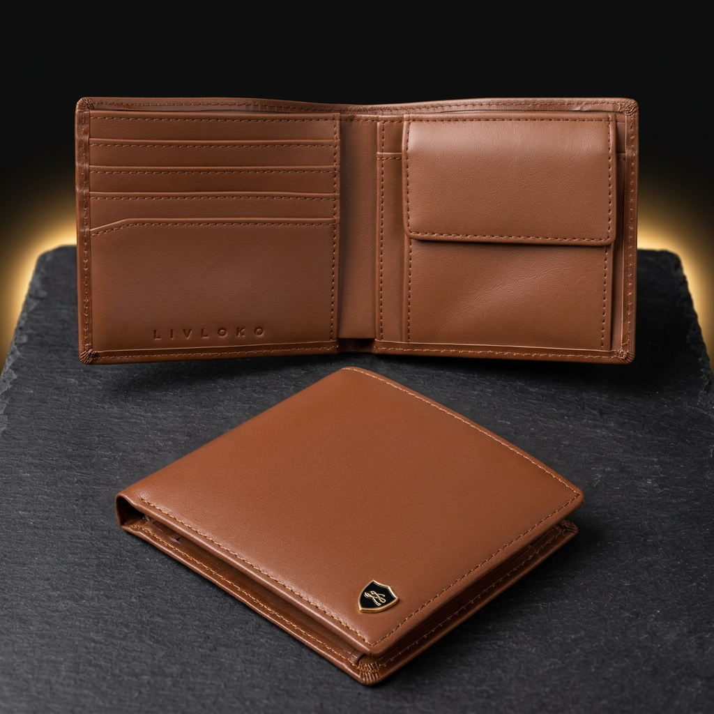 LIVLOKO London men's brown genuine leather RFID wallet with coin pouch, open and closed on dark slate