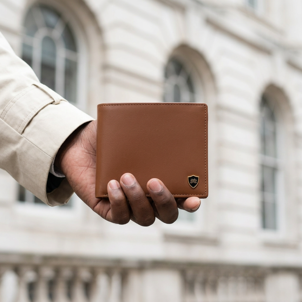Man holding the LIVLOKO London brown genuine leather RFID wallet, London