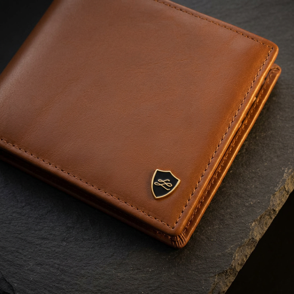 Close-up of the LIVLOKO London brown leather wallet showing the leather grain, stitching and shield badge