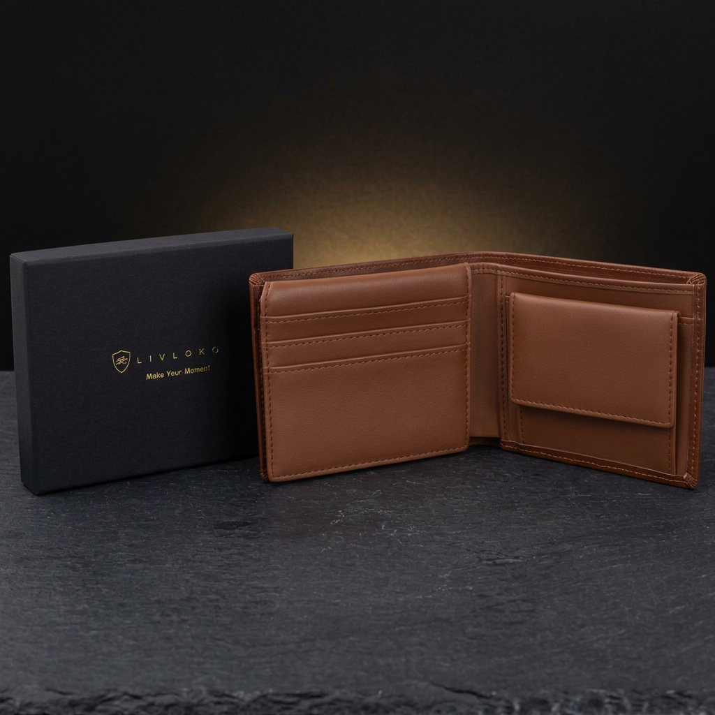 LIVLOKO London brown leather wallet shown with its black gift box on dark slate