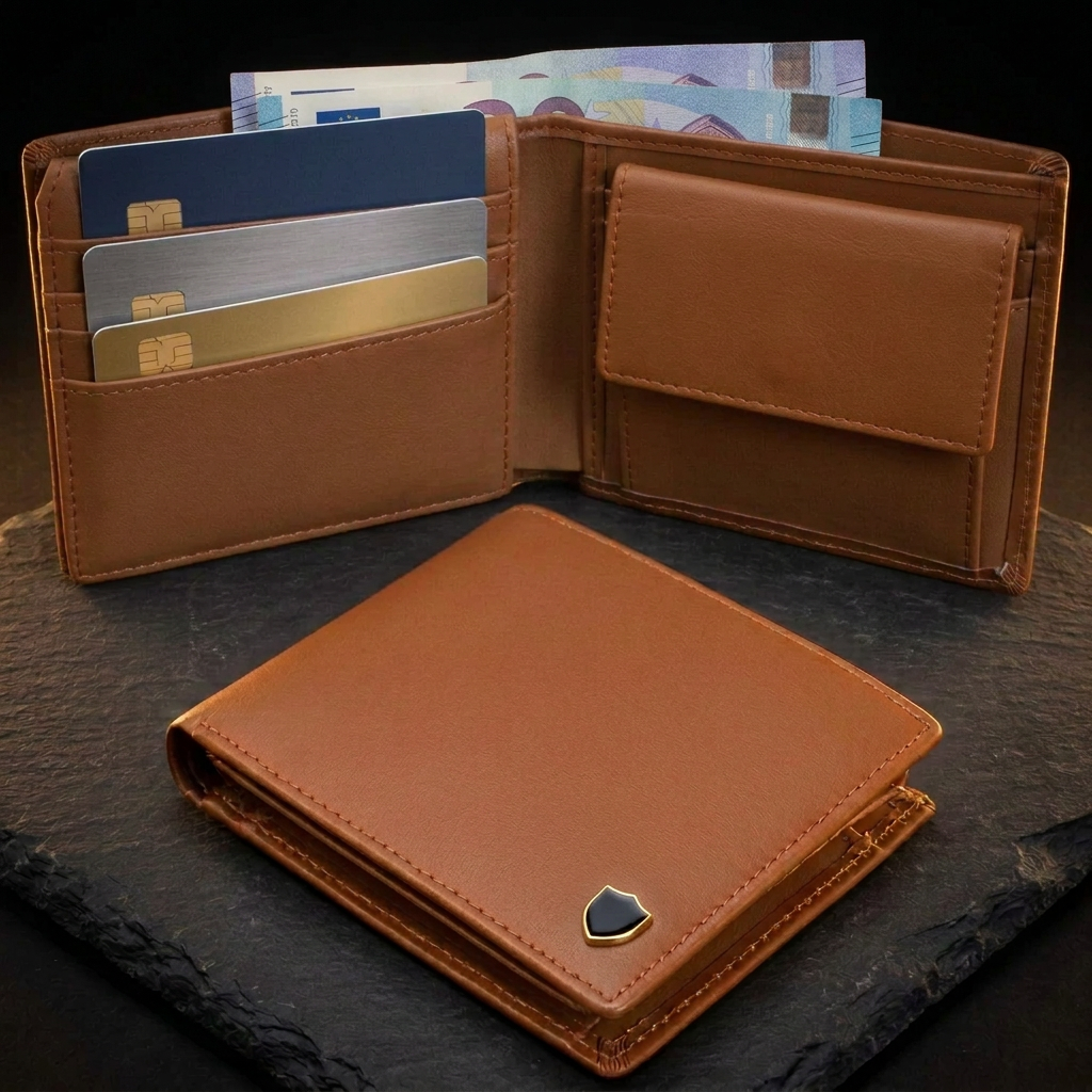 LIVLOKO London men's brown leather RFID wallet open in use with cards, banknotes and coin pocket