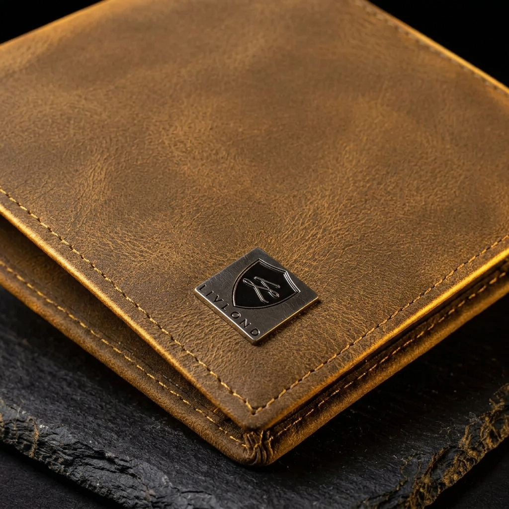 Close-up of the men's brown vegan leather RFID bifold wallet showing the texture, logo badge and stitching