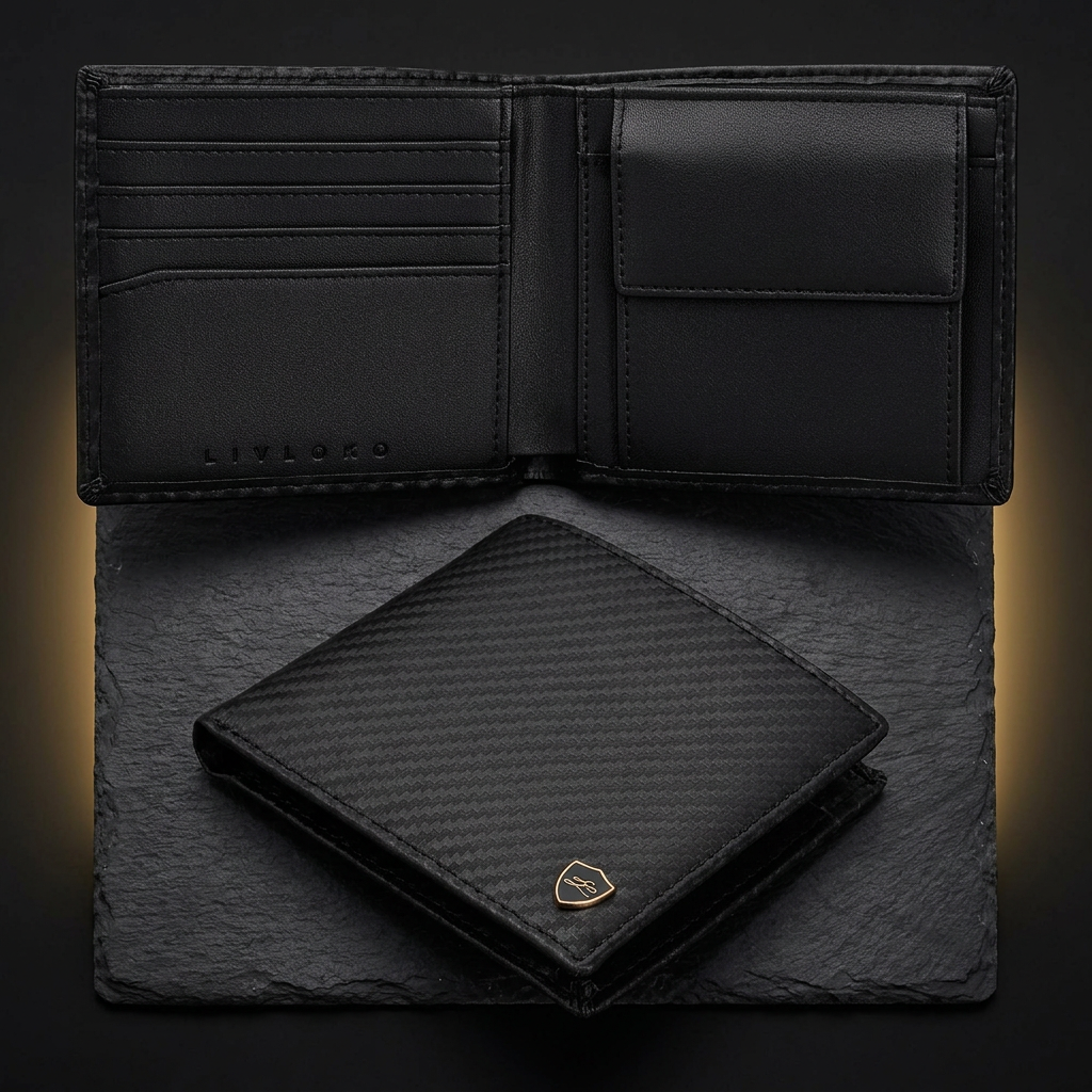 LIVLOKO London men's black carbon fibre style bifold wallet with coin pocket, shown open and closed on dark slate