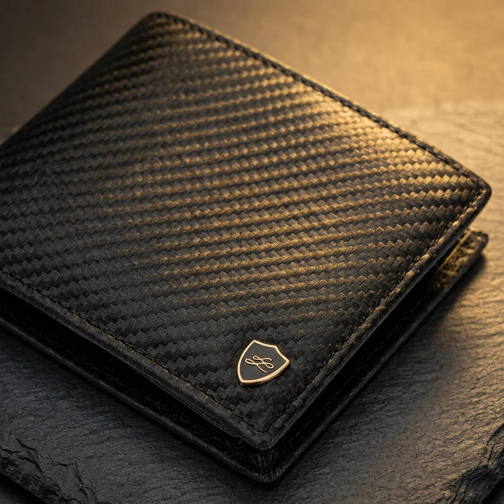 Close-up of the men's carbon fibre style RFID bifold wallet showing the weave and logo badge