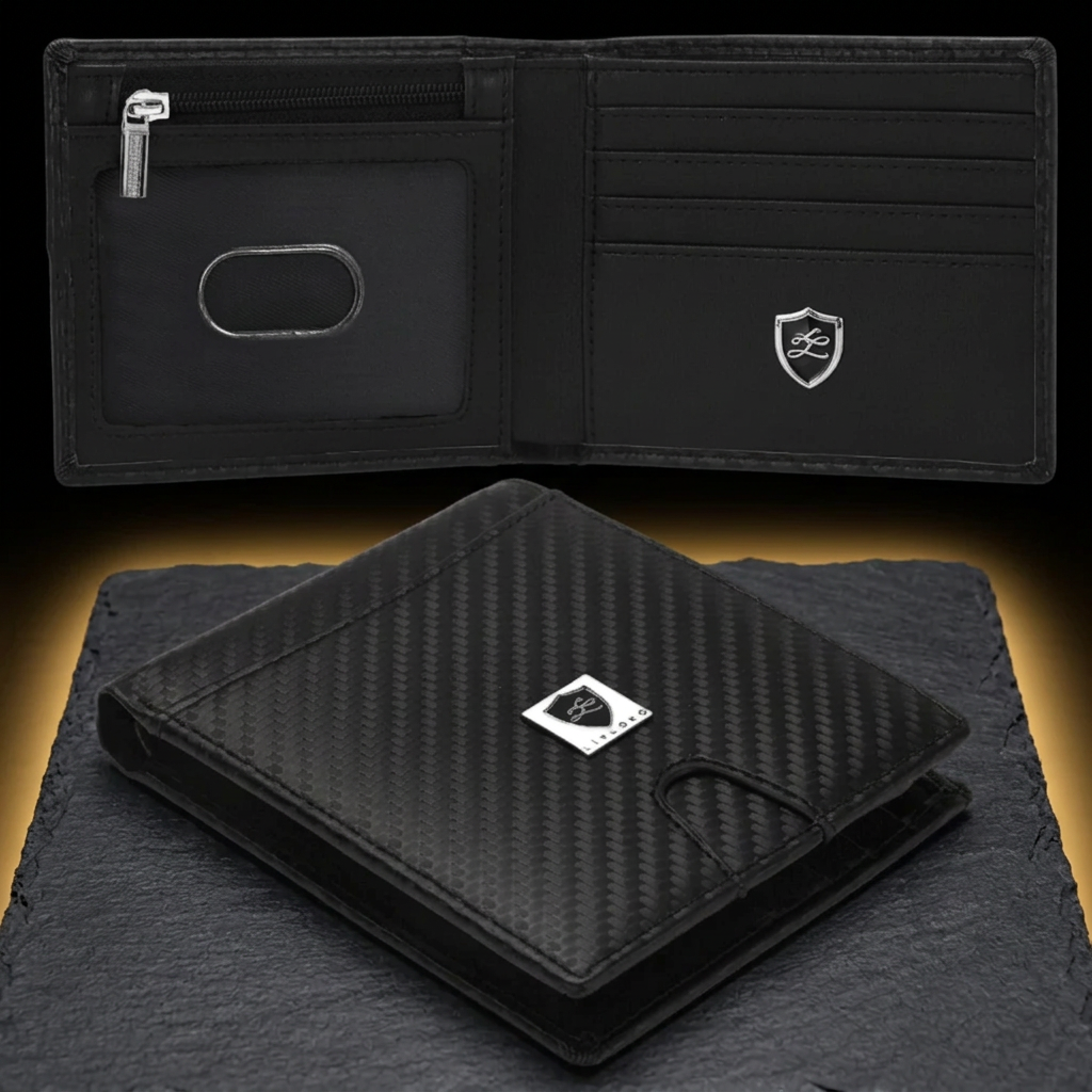 LIVLOKO London men's black RFID bifold card holder wallet in carbon fibre style, shown open and closed on dark slate
