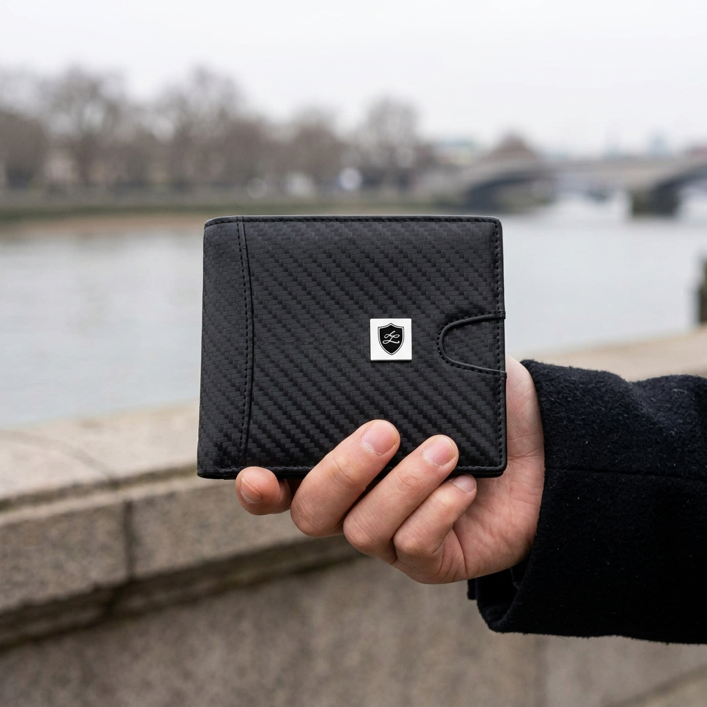 Man holding the LIVLOKO London black RFID bifold card holder wallet, carbon fibre style, by the Thames