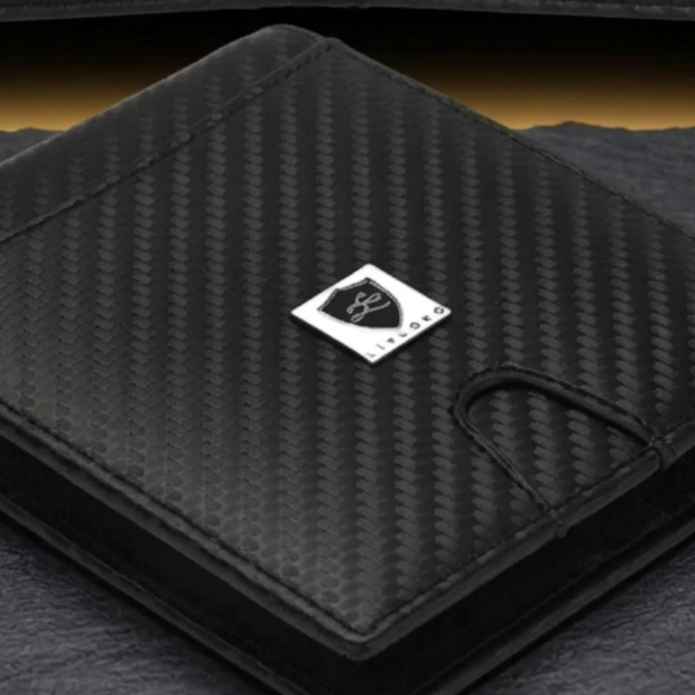 Close-up of the LIVLOKO London black RFID bifold card holder wallet showing the LIVLOKO shield badge