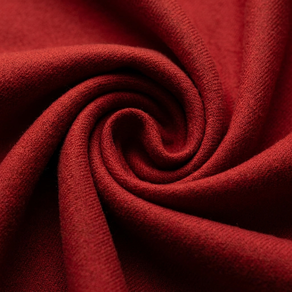 Close-up of the soft woven wool fabric of the men's deep red scarf