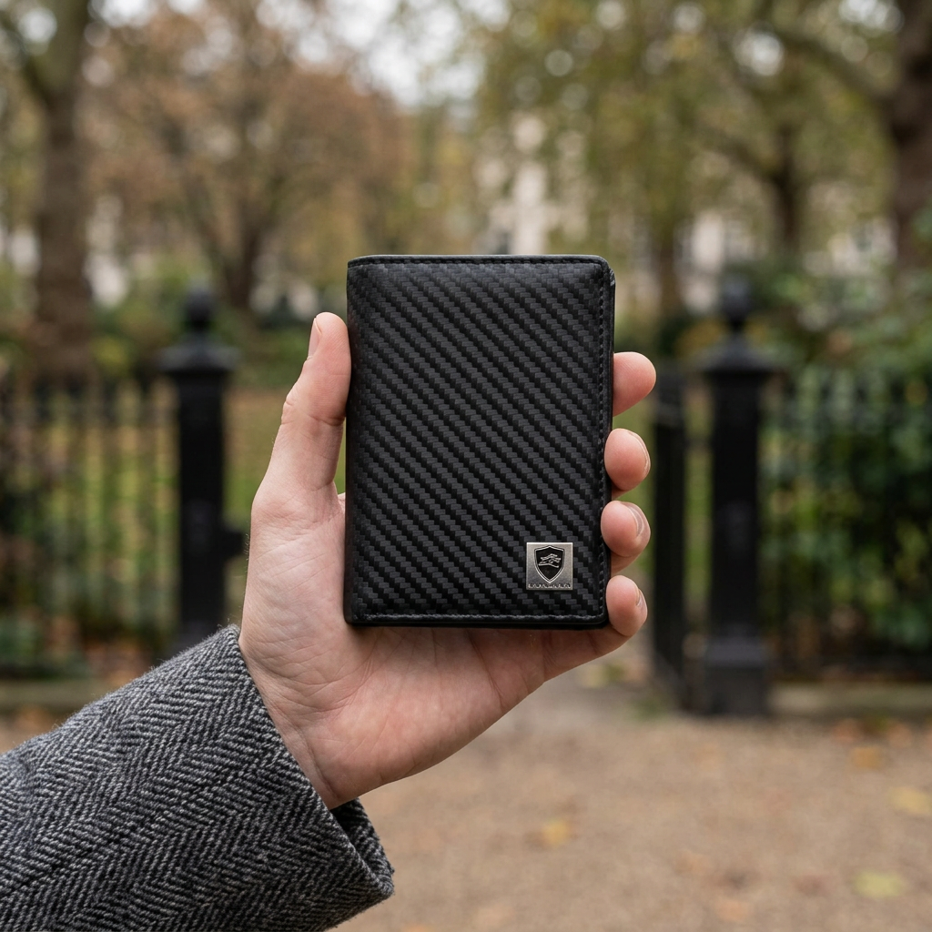 Man holding the LIVLOKO London black carbon fibre style bifold wallet with ID window, London garden square