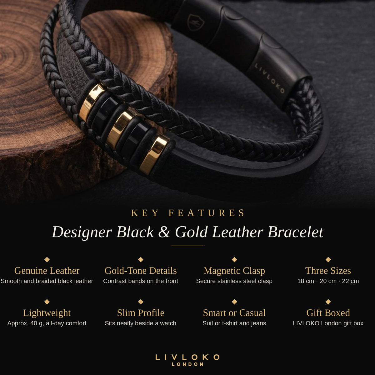 Key features of the men's designer black and gold leather bracelet: genuine leather, magnetic clasp, 18cm 20cm 22cm, gift boxed