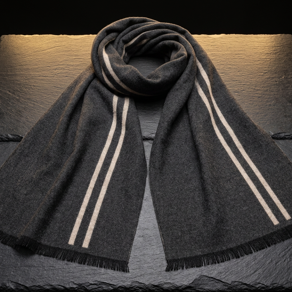 LIVLOKO London men's grey wool scarf with beige stripes on dark slate