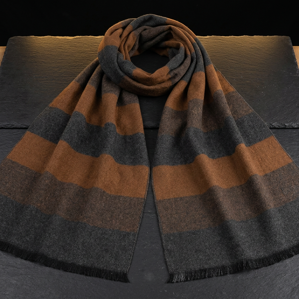 LIVLOKO London men's grey and brown striped wool scarf on dark slate