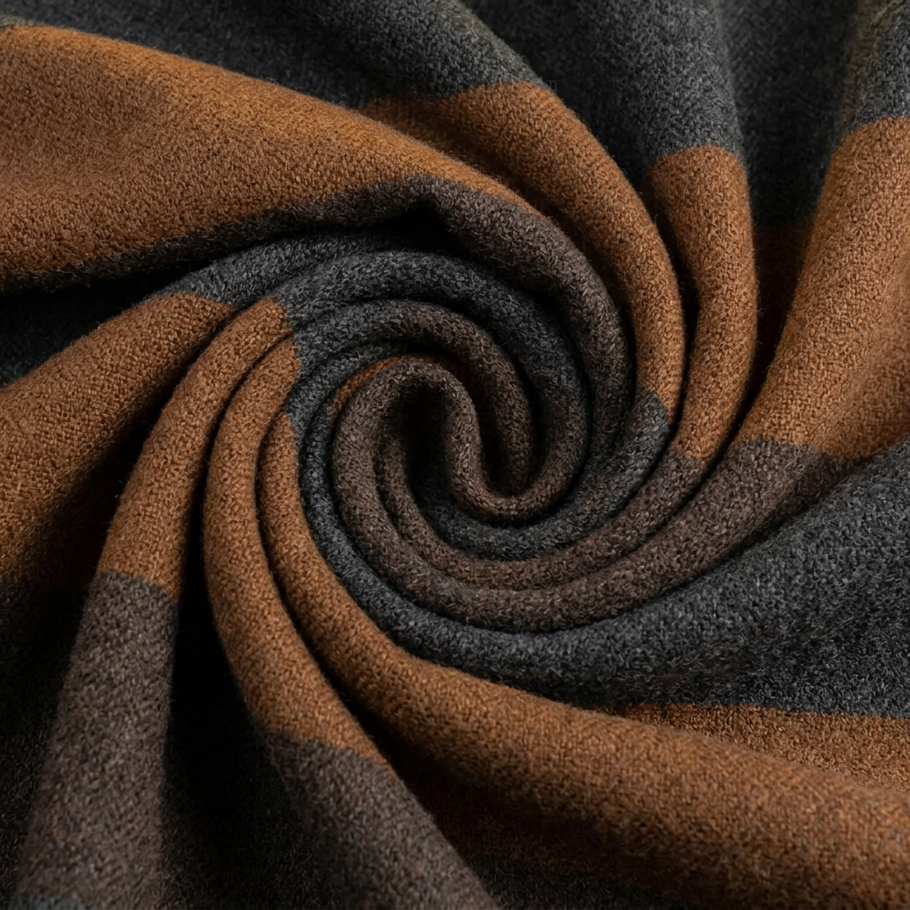 Close-up of the soft woven wool on the LIVLOKO London grey and brown striped scarf