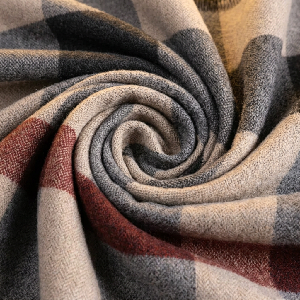 Close-up of the woven wool fabric of the men's grey and red check scarf
