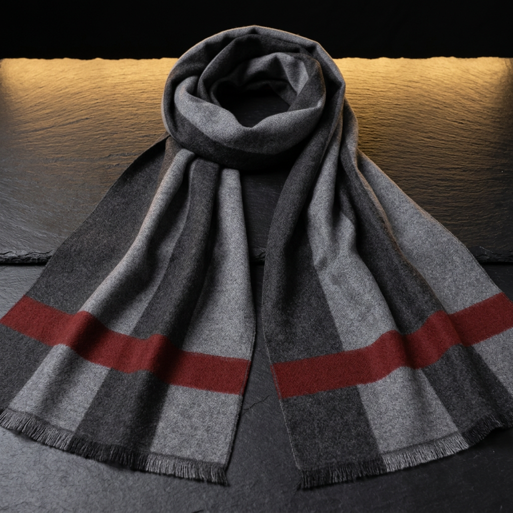 Men's grey and red striped wool scarf, 180 × 30 cm, draped on dark slate by Livloko London