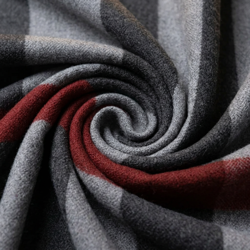 Close-up of the woven wool fabric of the men's grey and red striped scarf