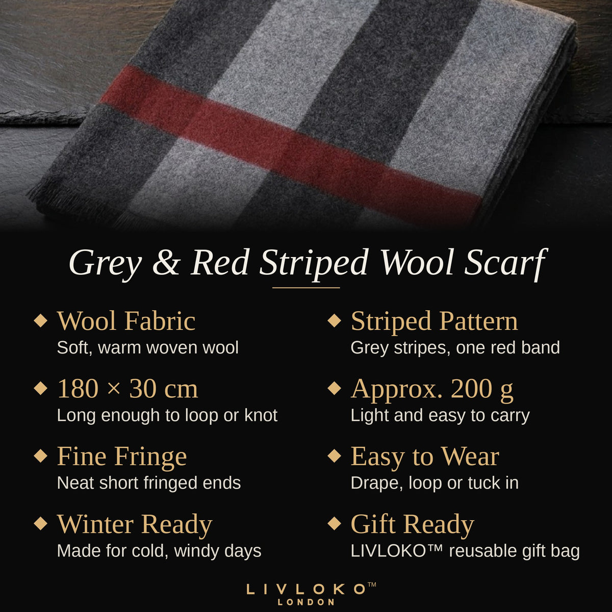 Key features of the men's grey and red striped wool scarf: wool fabric, 180 × 30 cm, approx. 200 g, gift bag