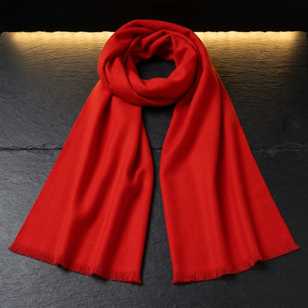 Men's light red wool scarf, 180 × 30 cm, draped on dark slate by Livloko London