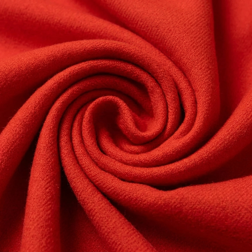 Close-up of the soft woven wool fabric of the men's red scarf