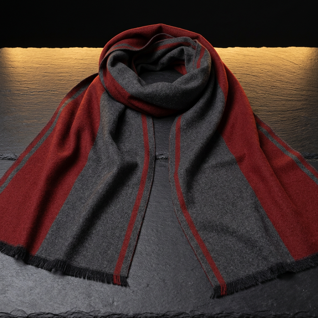 Men's maroon and grey striped wool scarf, 180 × 30 cm, draped on dark slate by Livloko London