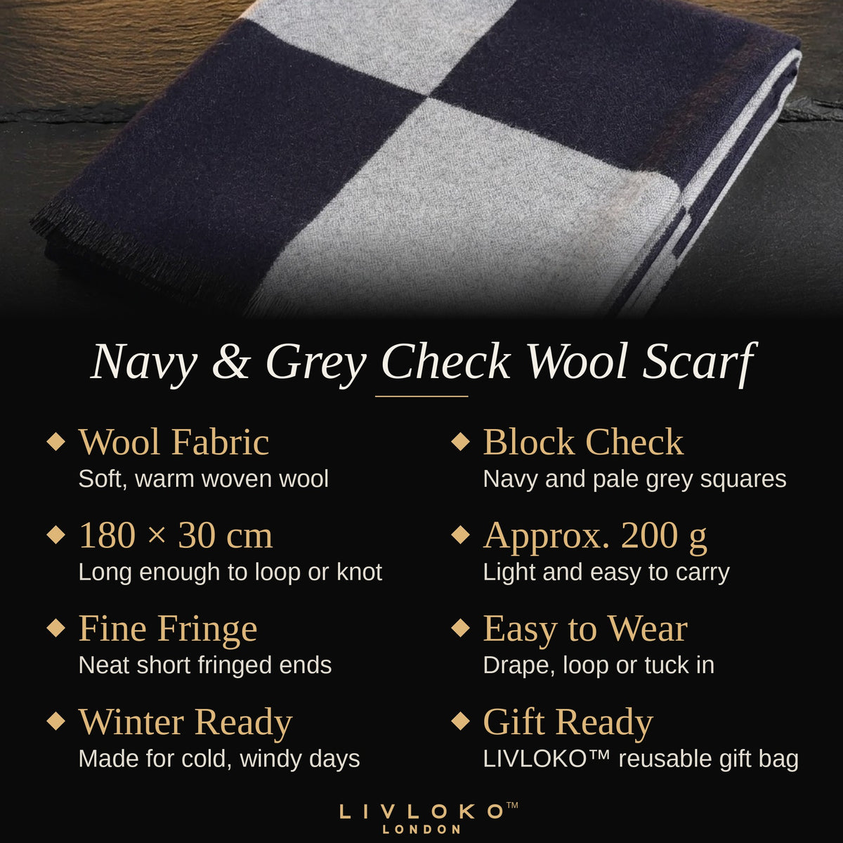 Key features of the men's navy and grey check wool scarf: wool fabric, 180 × 30 cm, approx. 200 g, gift bag
