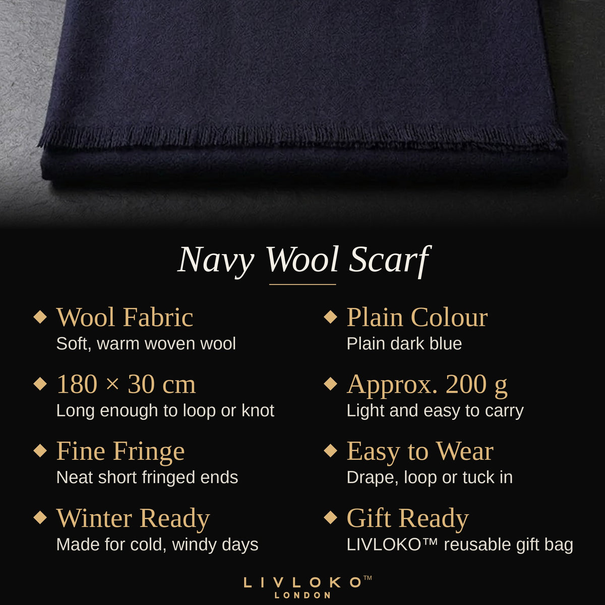 Key features of the LIVLOKO London men's navy wool scarf, 180 x 30 cm