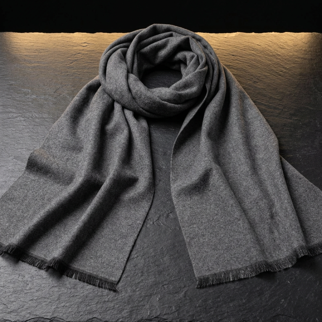 Men's plain grey wool scarf for winter, 180 × 30 cm, draped on dark slate by Livloko London
