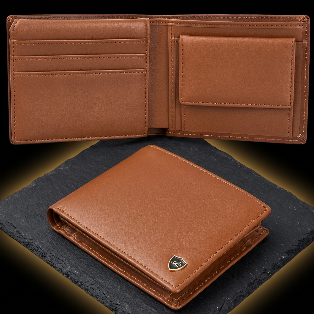LIVLOKO London men's soft brown genuine leather RFID wallet, open and closed on dark slate
