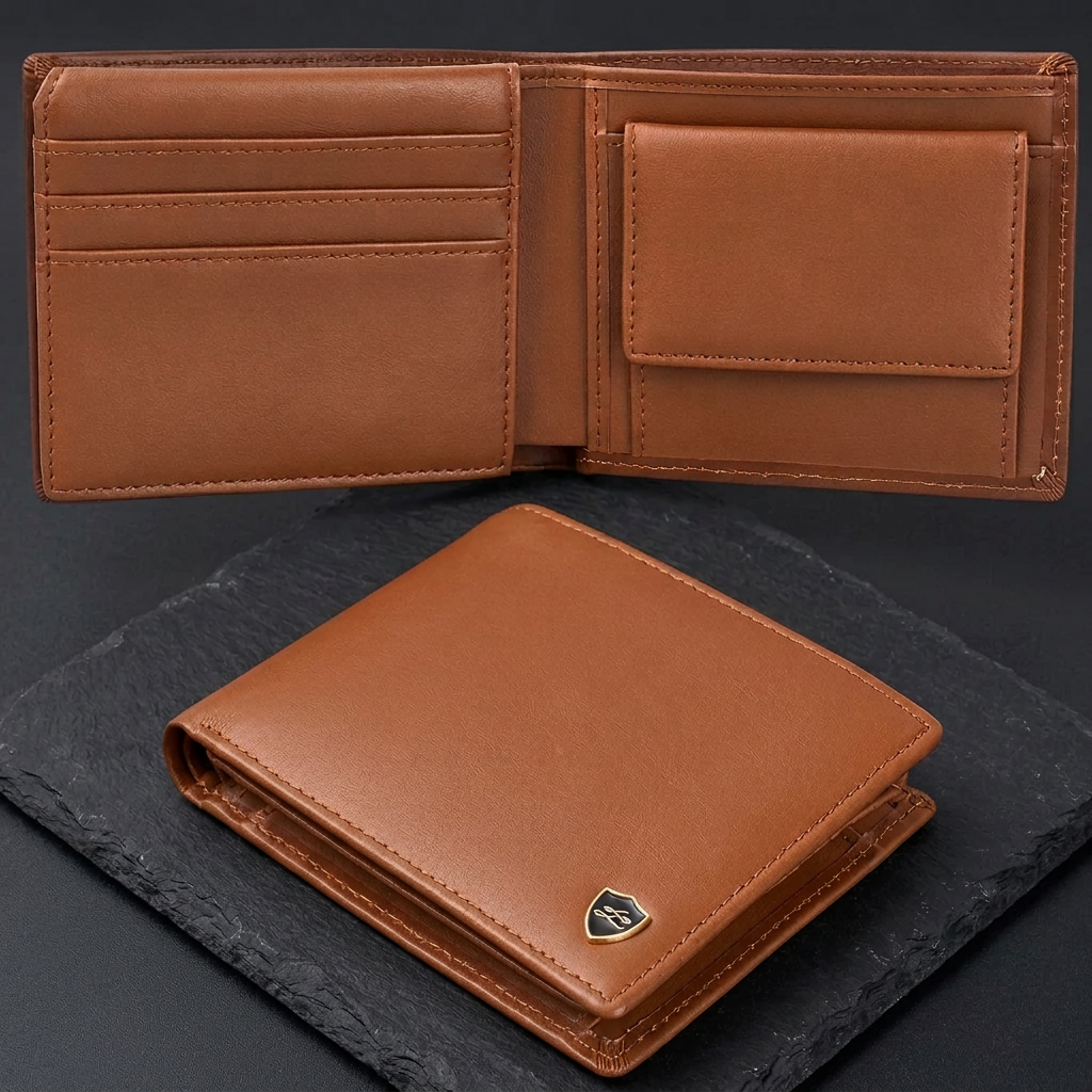 LIVLOKO London men's soft brown genuine leather RFID wallet, open and closed on dark slate