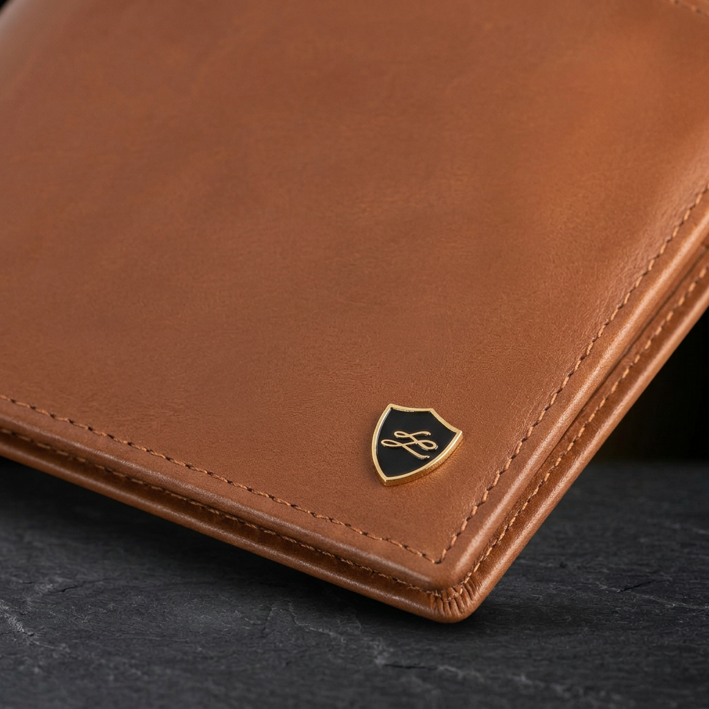 Close-up of the LIVLOKO London soft brown leather wallet showing the leather grain, stitching and shield badge