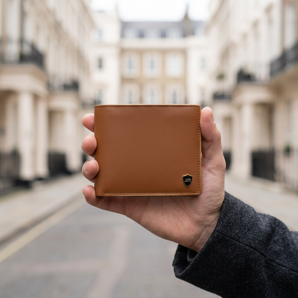 Man holding the men's tan leather RFID bifold wallet on a London street